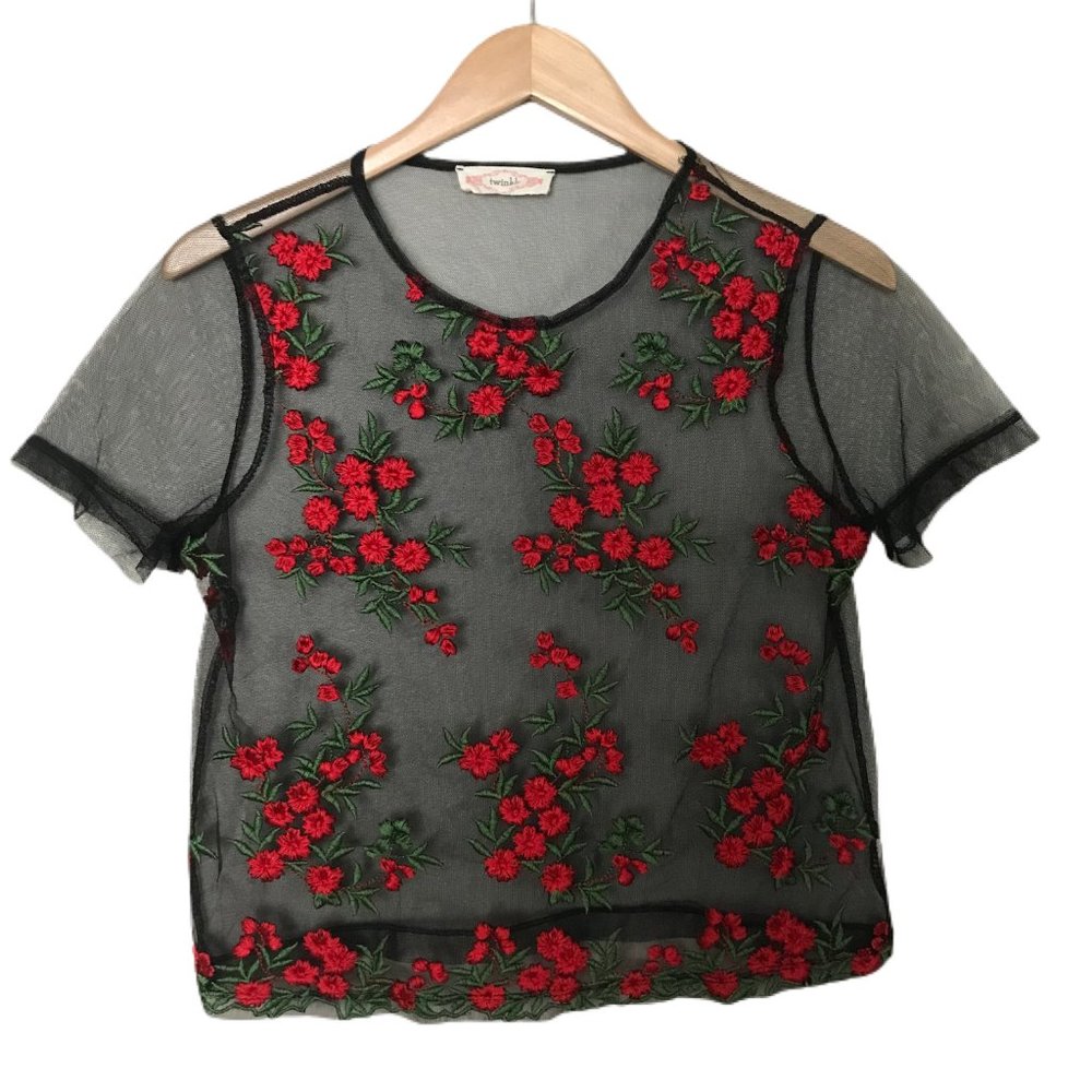 Twinkle Women's Black Sheer Red Green Floral Embordered Short Sleeve Shirt Small